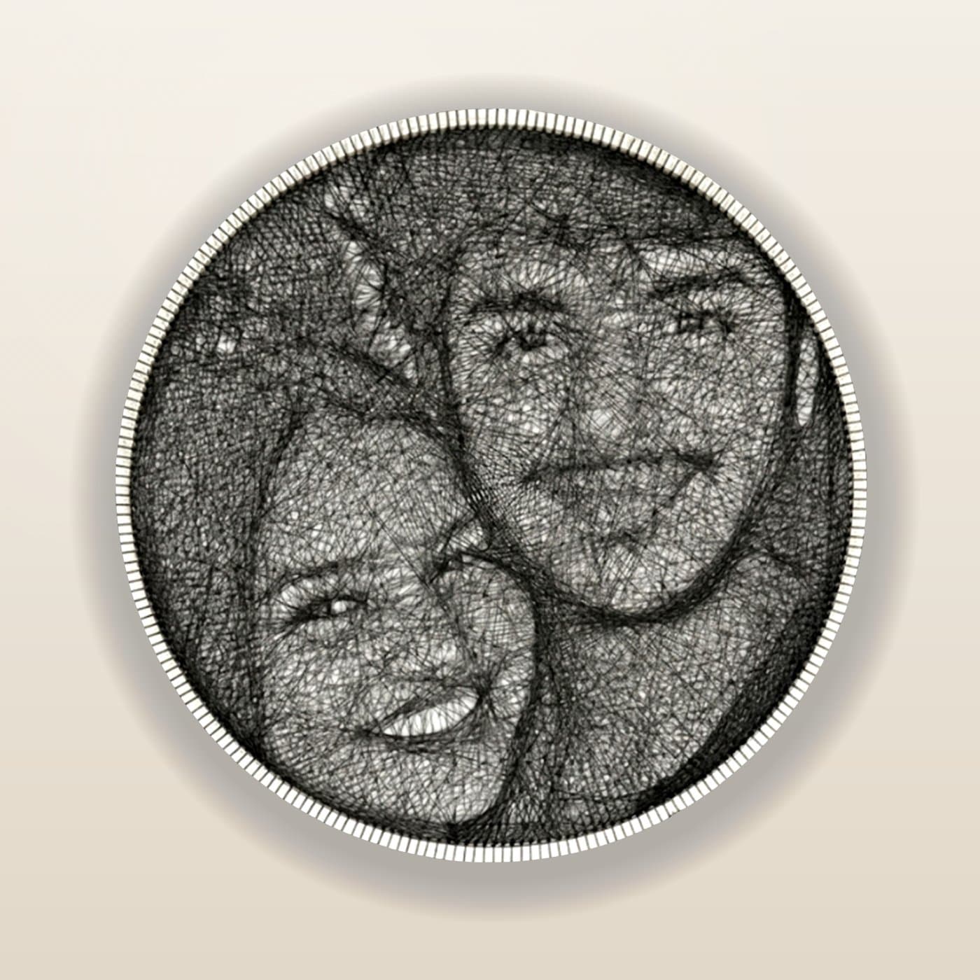 A hand-threaded circular string-art portrait in black thread