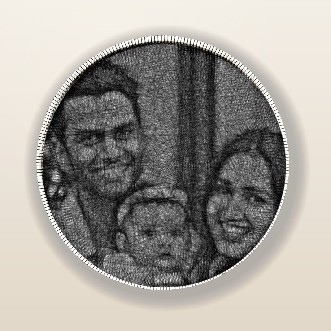 A circular string-art portrait of a smiling woman, threaded by hand